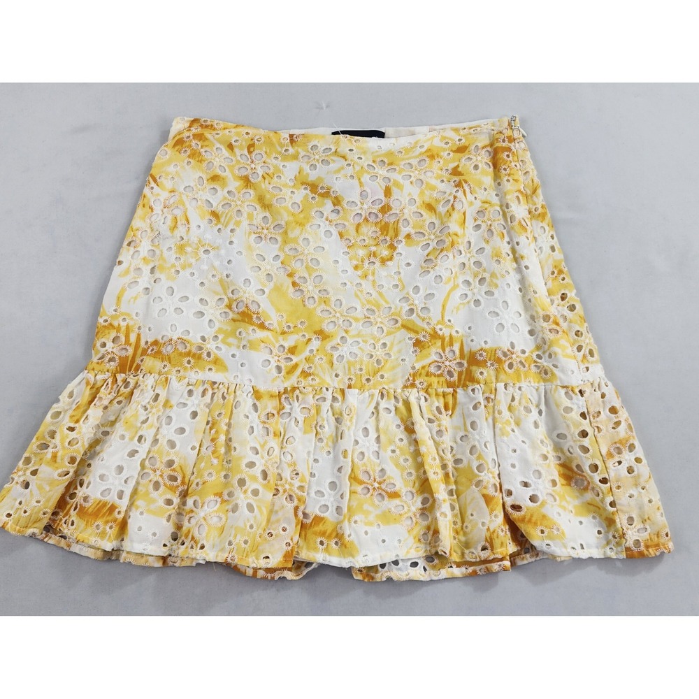 Express Skirt Womens 4 Floral Yellow Eyelet Embroidered Cotton Rayon Mini Zip